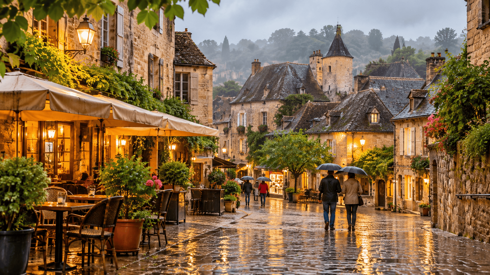 Village médiéval sous la pluie
